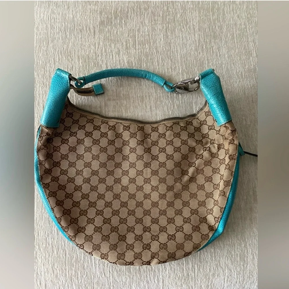 Gucci Beige GG Canvas Hobo with Turquoise Trim